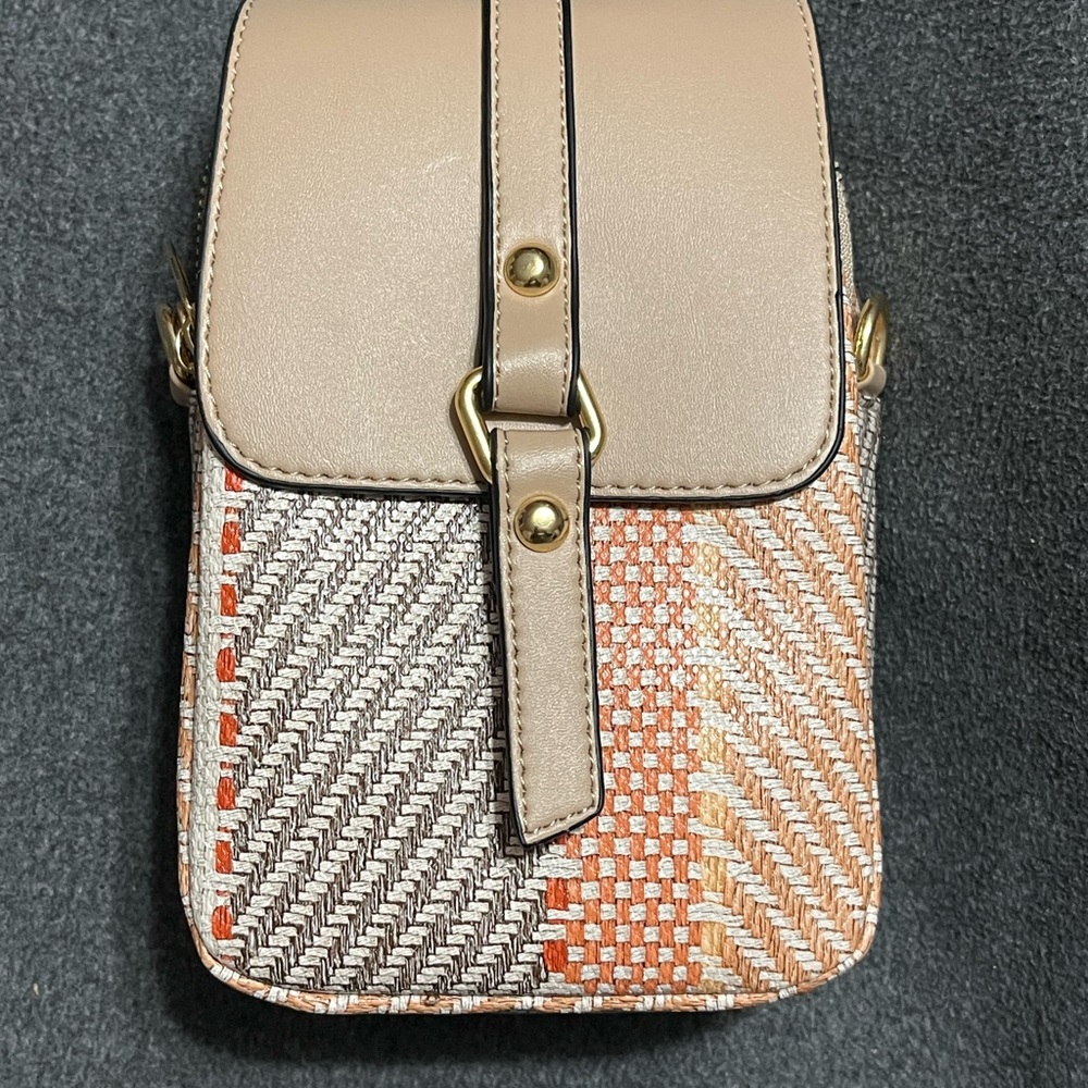 Beige and Orange Woven Crossbody Bag